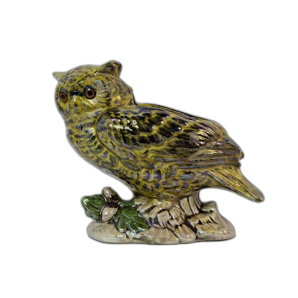 Vintage Owl Ceramic Glazed Planter Yellow Brown Blue Standing 5.5" Woodland